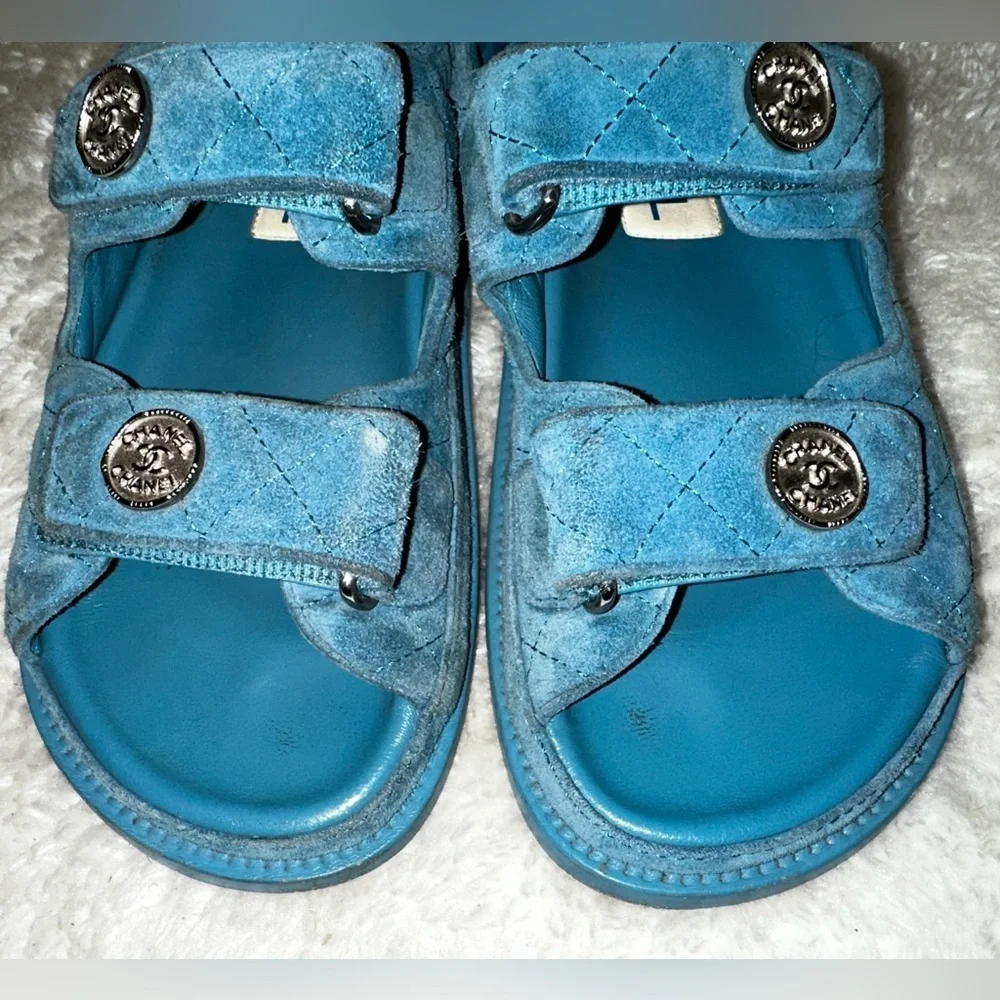 Chanel C2021 Blue Suede Dad Sandals Size 36